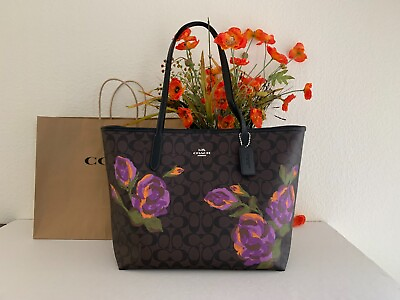 NWT Coach CL420 City Tote Signature Canvasamp;Leather w Rose print Brown Iris Multi