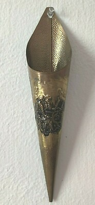 Vintage Brass Wall Mount Matchstick Holder Cone Embossed Pub tavern scene 11in