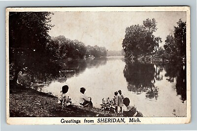 #ad #ad Sheridan MI Kids Gathering Water View Scenic Greeting Michigan Vintage Postcard