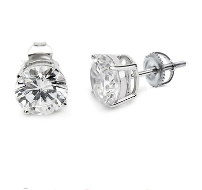 #ad ROUND CUBIC ZIRCONIA SCREW BACK STUD EARRINGS 925 STERLING SILVER RHODIUM PLATED