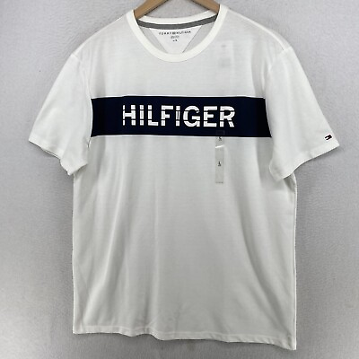 #ad TOMMY HILFIGER Shirt Mens L Spell Out Jersey Cotton Blend Short Sleeve White NEW