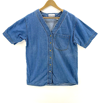 Natural Touch Women#x27;s Denim Shirt Smock Top Button Up Pocket Blue Size M
