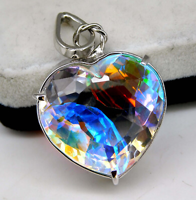 #ad 51 Ct Rainbow Mystic Topaz Heart 925 Sterling Silver Beautiful Pendant For Her