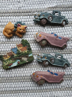 #ad Vintage Ceramic Magnet Lot Cat Cars Thomas Kincade Village