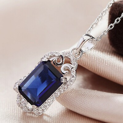 18K White Gold Filled Made With Swarovski Crystal Emerald cut Sapphire Necklace