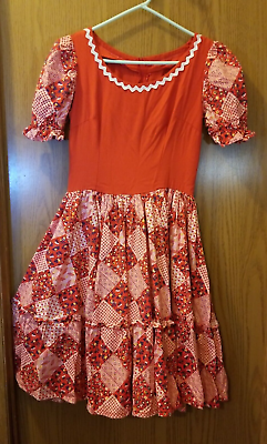#ad Hand Made Sewn Handcrafted Square Dancing Dress Red 1970#x27;s Prairie Western Dance