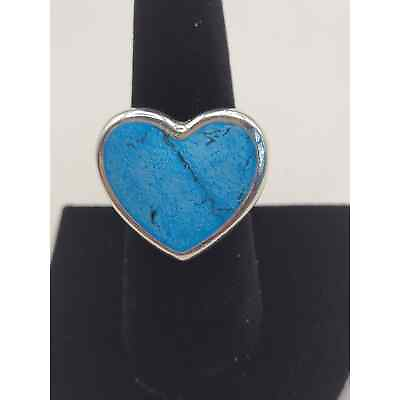 #ad Heart Semiprecious Inlaid Stone Silver Ring Dark Turquoise Size 8.5