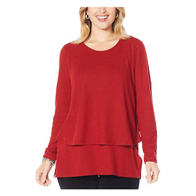 #ad DG2 by Diane Gilman Long Sleeve Brushed Knit Easy Top RED 1X 775846