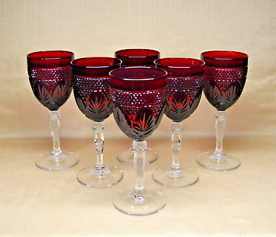 #ad CRYSTAL D#x27;arques Water Glass Ruby Red Cranberry QTY 6 LUMINARC Pressed Glass