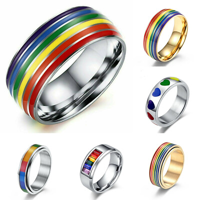 Rainbow Pride Rings Titanium Steel Men Women Couple Band Statement Jewelry Gifts
