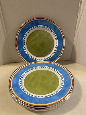 #ad 6 Formation Tuscan Summer Enamelware Plates: Blue Rim Avocado Green Center 9.1quot;