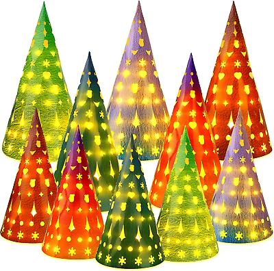 10 Set Christmas Luminary Paper Bags with Flameless Tea Lights Cone Shaped LED