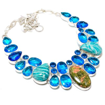 #ad Unakite Blue Topaz Gemstone 925 Sterling Silver Jewelry Necklace 18quot; U752