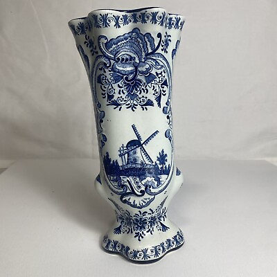 #ad Antique Rare 18th Century Delft Blue Floral Tin Glazed Vase 10in Collectors Item
