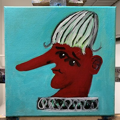 #ad Original Painting Portrait Head Cartoon Wig Figure Canvas Signed Art Decor Red