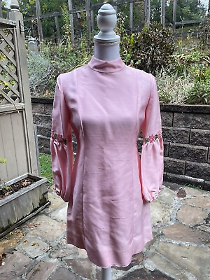#ad #ad Vintage 60s Pink Mini Dress Long Sleeves Silk Shantung Sz Medium M 8 Handmade