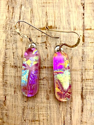 #ad Pink Multi Color Fused Dichroic Glass Earrings with Sterling Silver Ear Wires