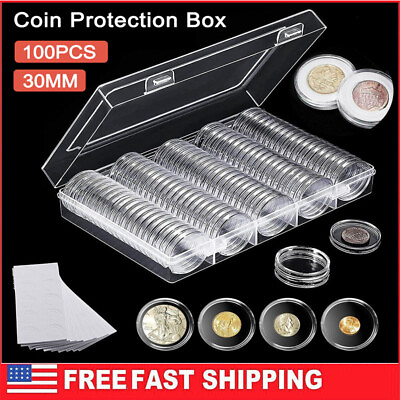 #ad 100Pcs 5 Size Clear Round Coin Capsule Container Storage Box Holder Case Plastic