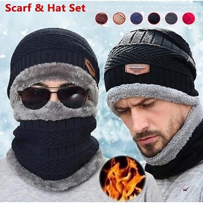 #ad Winter Warm Knit Hat Scarf Set Ear Head Neck Cover Ski Beanie Cap Men Women Kids