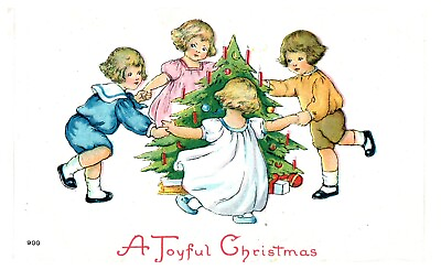 #ad #ad Postcard Embossed A Joyful Christmas Children dancing Around A Tree Lit Candles
