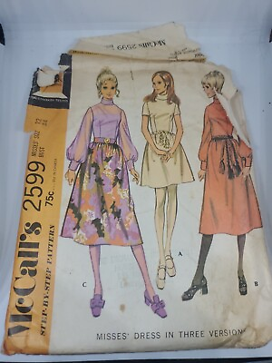 1970 Vintage Sewing Pattern Misses Sexy Dress Mini Long Cuff Bias Collar Belt 12