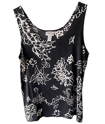 #ad CHICO#x27;S Travelers Tank Top Size 3 Black Cream Floral XL Liquid Knit Easy Care