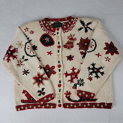 #ad Vintage Womens Sweater Cardigan Christmas LARGE Beige Red Green Hand Knit Santa