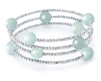 925 Sterling Silver Faceted Bead amp; Aquamarine Beaded Wrap Wire Bracelet QVC