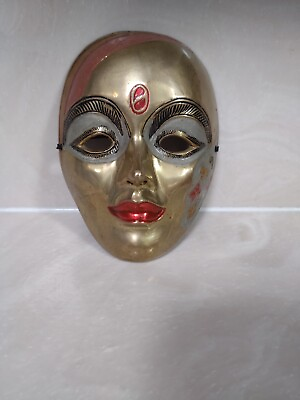 Vintage 6quot; India Style Decorative Hand Painted Brass Wall Hanging Face Mask