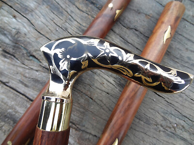 #ad Antique Brass Victorian Handle Wooden Vintage Style Walking Stick Cane Designer