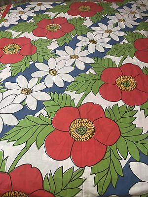 Vintage Stevens Utica Big Red Flower Power Twin Flat Sheet Fabric Poppy Material