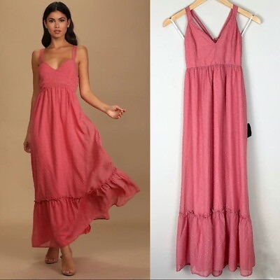 NWT NEW Lulu#x27;s My Love Story Coral Pink Swiss Dot Tie Back Maxi Dress Size XS