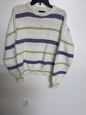Private Club White Cable Men#x27;s Knit Sweater with Blue and Tan Stripes Size M