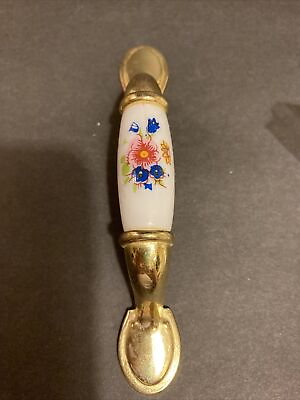 #ad 6 Vintage brass ceramic floral knob bail cabinet drawer dresser pull handle
