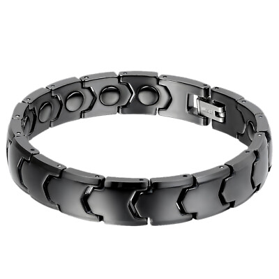 #ad Mens Luxury 11MM Polished Black Ceramic Bracelet Magnetic Stone Link Wrist 8.3quot;