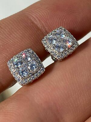 Real Solid 925 Sterling Silver Iced CZ Hip Hop Earrings Studs Square ICY Mens