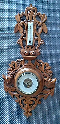#ad 27quot; Antique Wall Wood Carved Black Forest Wolf Dog Barometer Thermometer