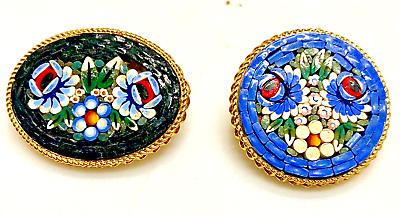 #ad TWO BEAUTY VINTAGE ITALIAN MICRO MOSAIC MILLEFIORI FLORAL BROOCH PIN c1970 v g