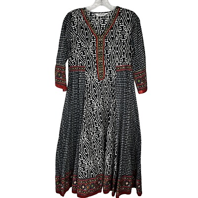 #ad Biba Womens Maxi Dress Black Red Boho Kaftan Indian Cotton Gypsy Size 34