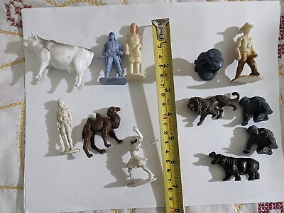 #ad Vintage Plastic Toy Soldiers Animals People Cow Camel Mechanic On Tire