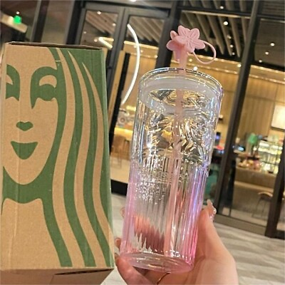 #ad 2023 Starbucks Glass Cup Gradient Sakura Tumbler w Cherry blossom Topper New
