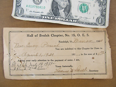 #ad Rare 1931 Antique EASTERN STAR DUES RECEIPT Randolph Vt. Beulah Chapter GIFT