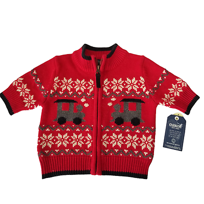 #ad Oshkosh Train Knit Baby Size 0 3 M Red Zip Up Long Sleeve Cardigan Sweater New