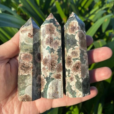 #ad 80g Natural Green Cherry Blossom Agate Point Obelisk Crystal Tower Decoration1PC
