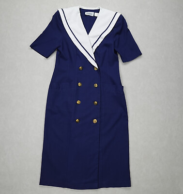 #ad Vintage Sailor Dress 10 Navy Blue Nautical Double Breast 1980s