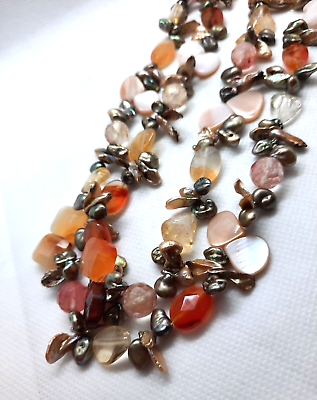Agate Stones amp; Baroque Pearl Long 35quot; Necklace