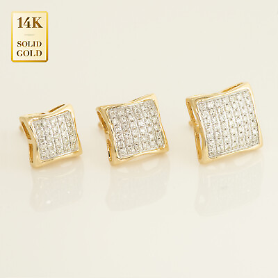 #ad 14K Real Diamond Unisex Square Stud Earrings Real Solid Gold Genuine Diamond