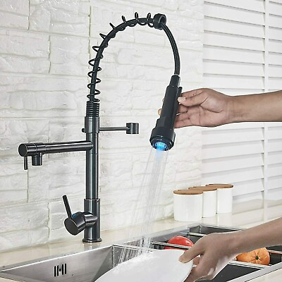 #ad LED Kitchen Sink Faucet Swivel Spring Pull Down Sprayer Oil Rubber Bronze