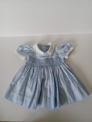 Friedknit Creations Size 3 Month 3M Girls Blue Smocked Dress Adorable Collared