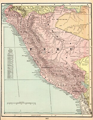 #ad 1901 Antique PERU Map George Cram Atlas Map of Peru South America 8161